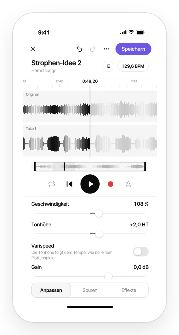Tempo und Tonhöhe einer Aufnahme in der Zoundroom-App ändern