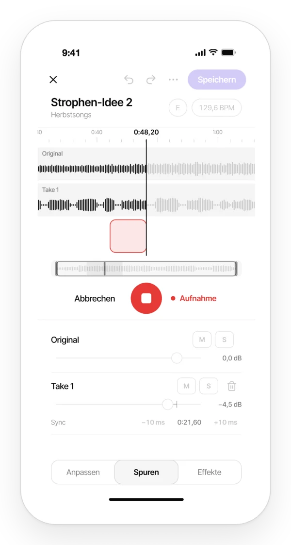 Mit Zoundroom auf dem Handy einen Take über den Song aufnehmen