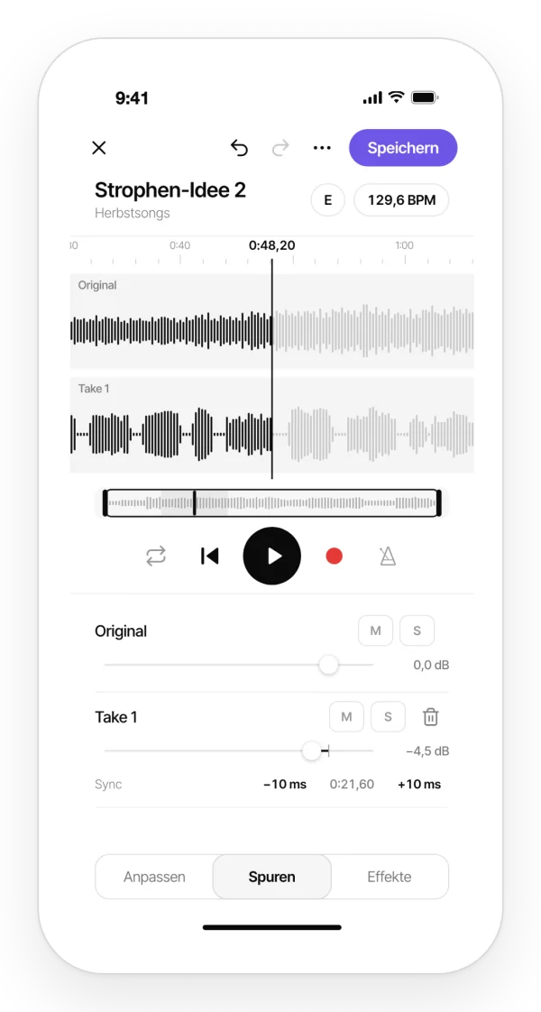 Spuren eines Songs mit Lautstärke, Stumm und Solo in Zoundroom