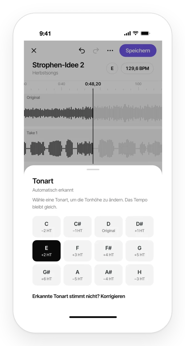 Eine neue Tonart wählen, um den Song zu transponieren