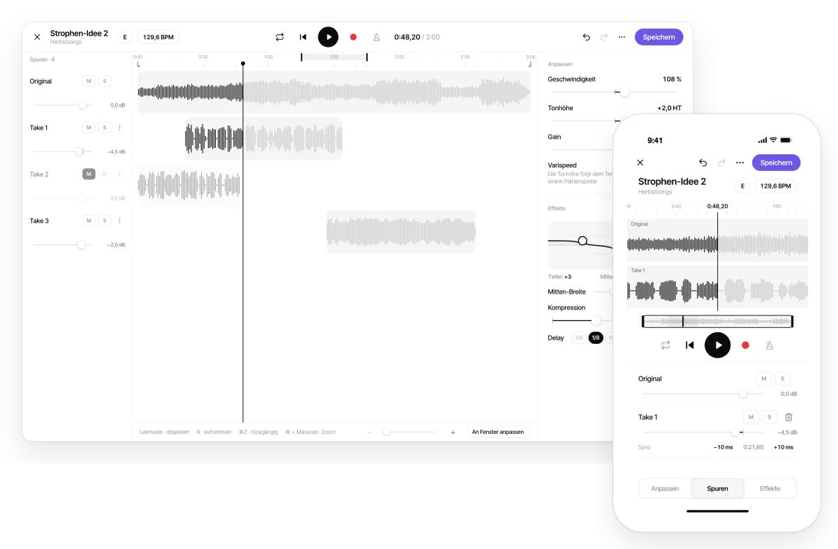 Mehrspur-Editor von Zoundroom am Computer und auf dem Handy
