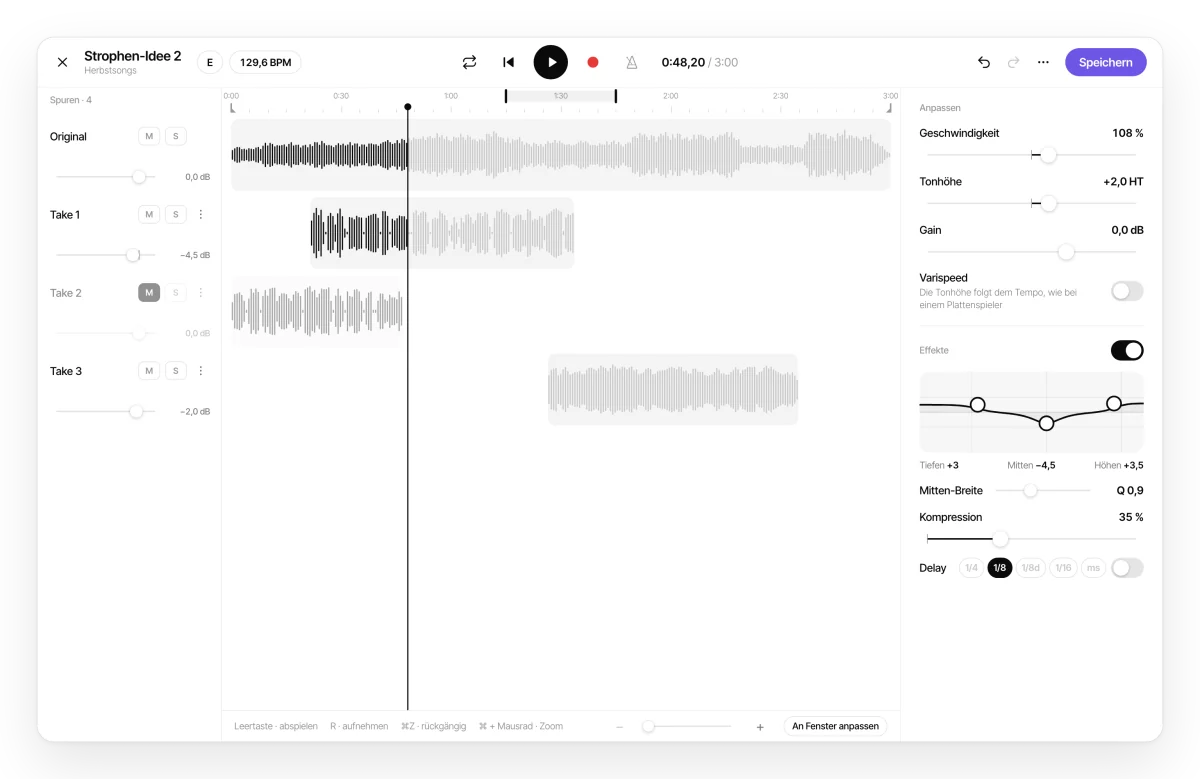 Audio-Editor von Zoundroom im Browser mit mehreren Spuren und Effekten