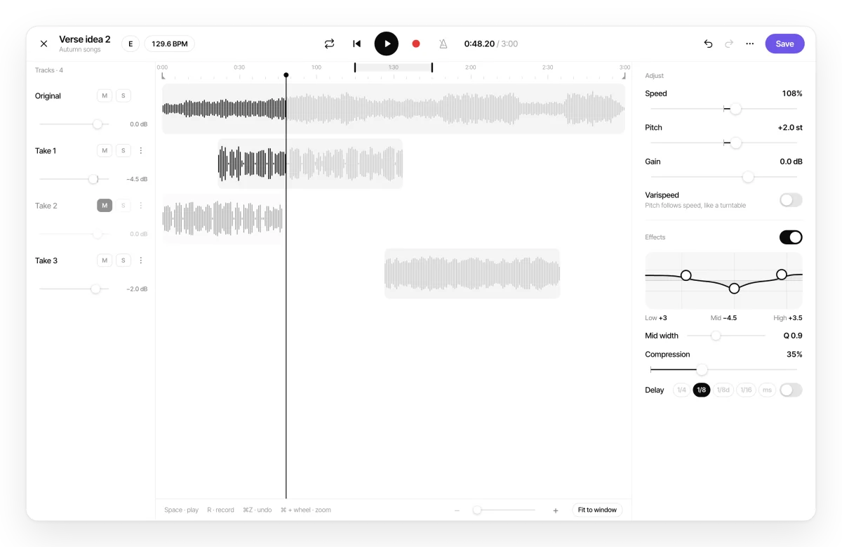 Zoundroom audio editor in the browser with several tracks and effects