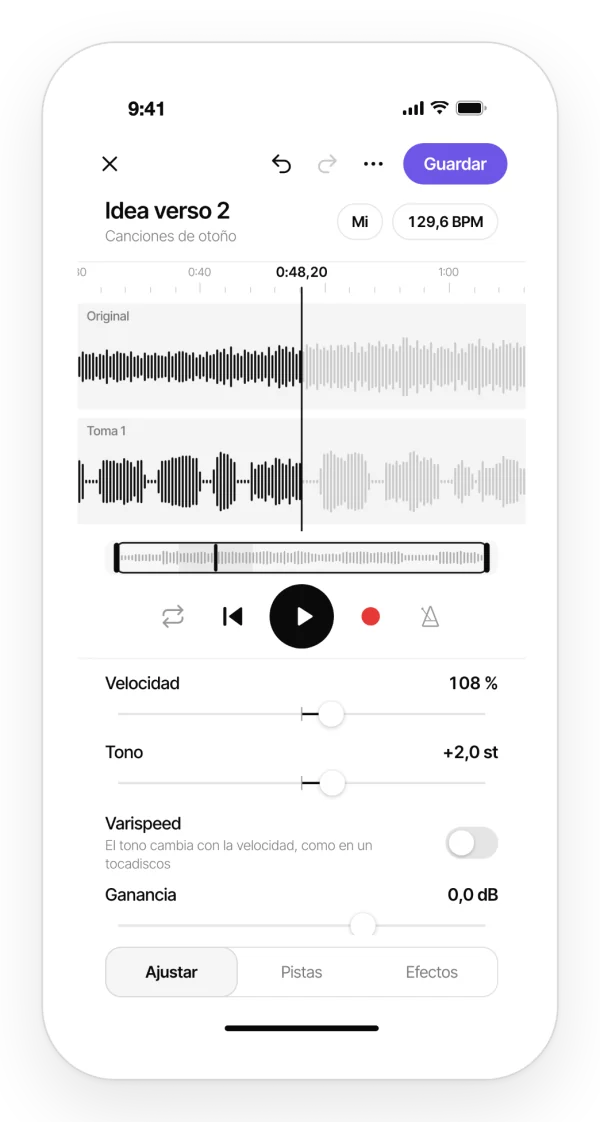 Cambiar la velocidad y el tono de una grabación en la app de Zoundroom