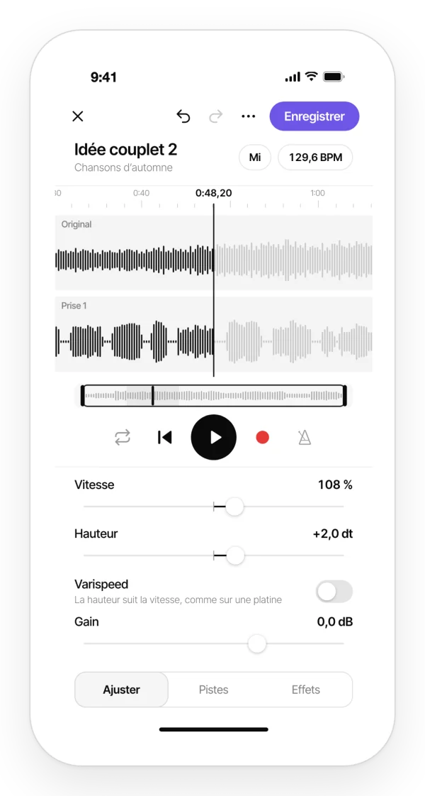 Changer la vitesse et la hauteur d’un enregistrement dans l’appli Zoundroom