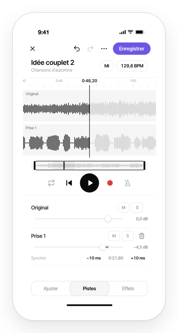 Pistes d’une chanson avec volume, mute et solo dans Zoundroom