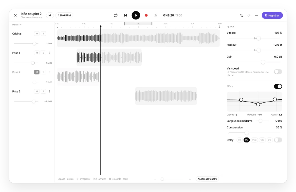 Éditeur audio de Zoundroom dans le navigateur avec plusieurs pistes et des effets