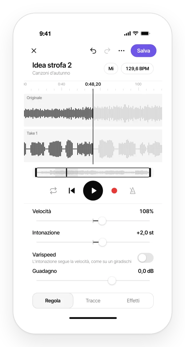 Cambiare velocità e tono di una registrazione nell’app Zoundroom