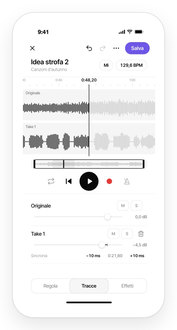 Tracce di una canzone con volume, mute e solo in Zoundroom