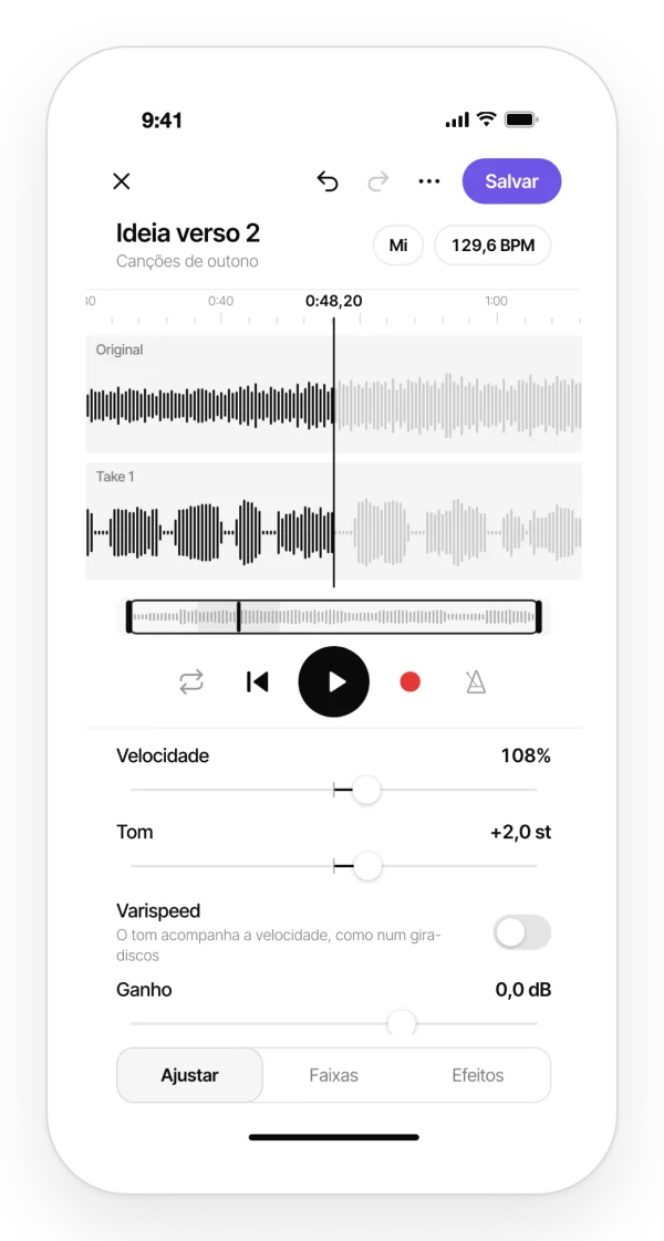 Mudando a velocidade e o tom de uma gravação no app da Zoundroom