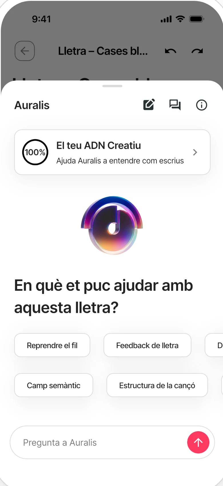 Auralis obert en una nota: l'ADN creatiu i suggeriments per començar, com reprendre el fil o demanar opinió sobre la lletra.