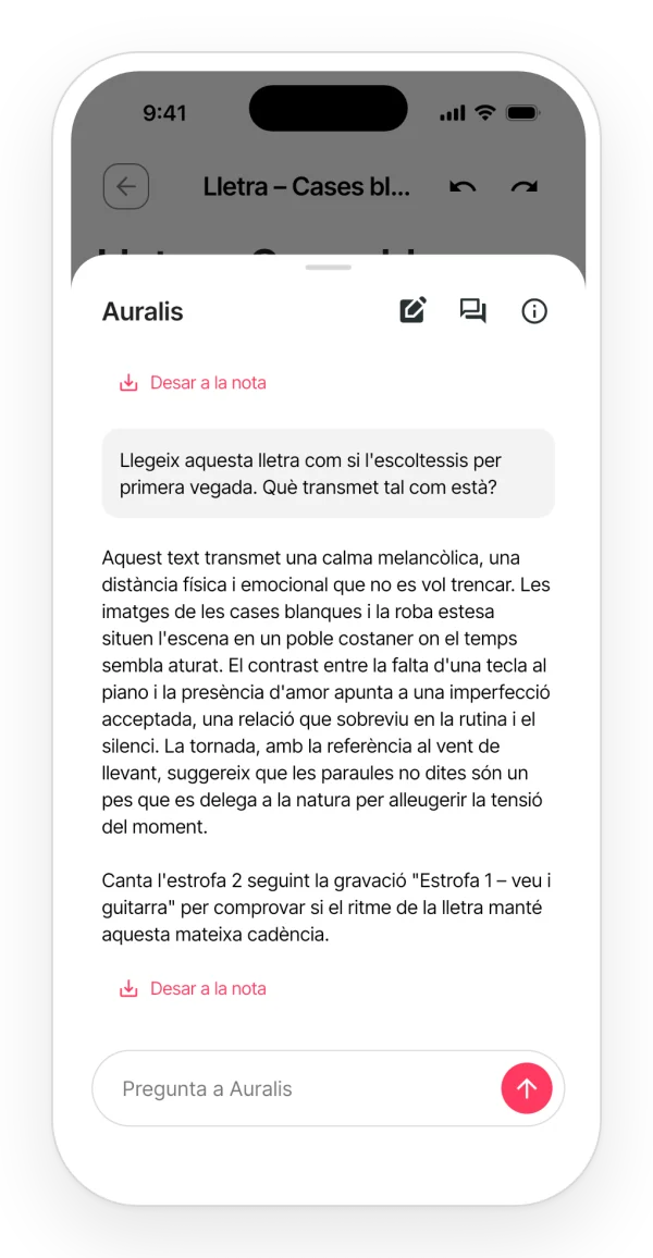 Resposta d'Auralis quan li demanes que llegeixi la lletra com si la sentís per primera vegada: què transmet, el to i una pregunta final.