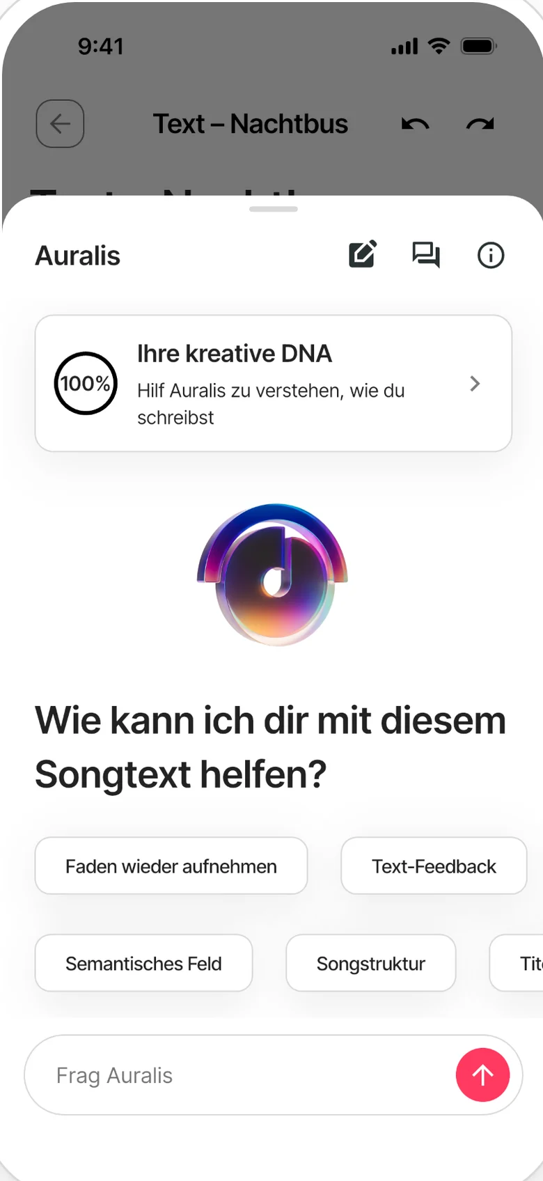 Auralis in einer Notiz: die kreative DNA und Vorschläge für den Einstieg, etwa den Faden wieder aufnehmen oder Feedback zum Songtext.