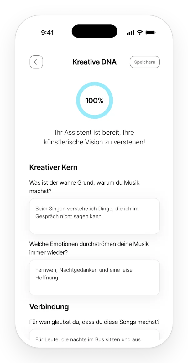 Kreative DNA zu 100 % ausgefüllt: deine Antworten darauf, wie und warum du schreibst, die Auralis berücksichtigt.