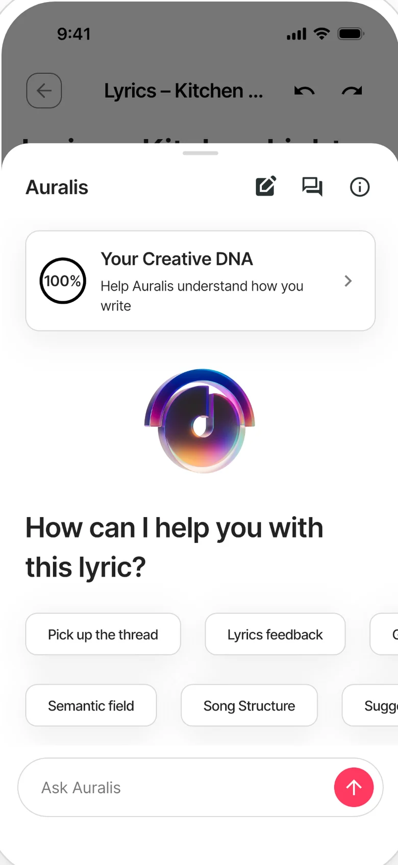 Auralis open in a note: Creative DNA and starter suggestions such as picking up the thread or getting lyrics feedback.
