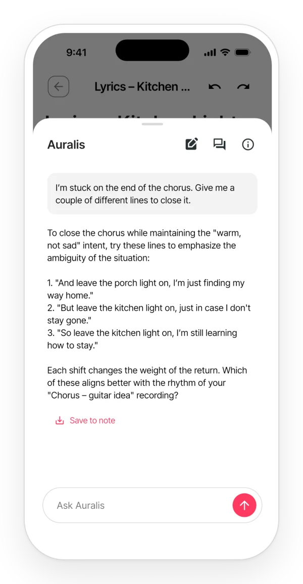 A conversation with Auralis in the app: a request to get unstuck on the lyric and alternative lines in reply.