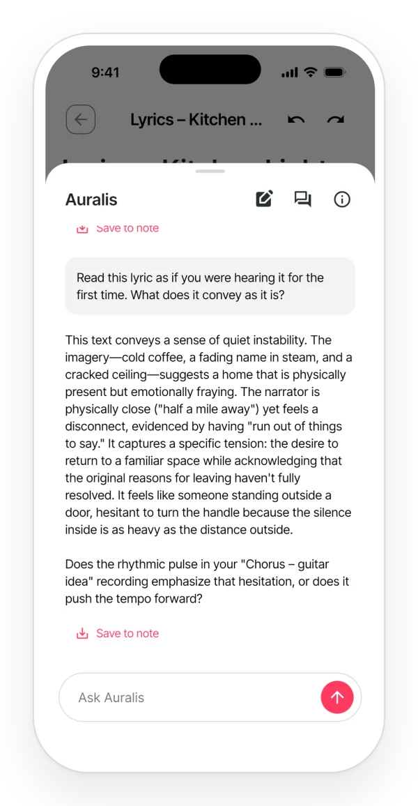 Auralis's answer when you ask it to read the lyric as if hearing it for the first time: what it conveys, the tone and a closing question.
