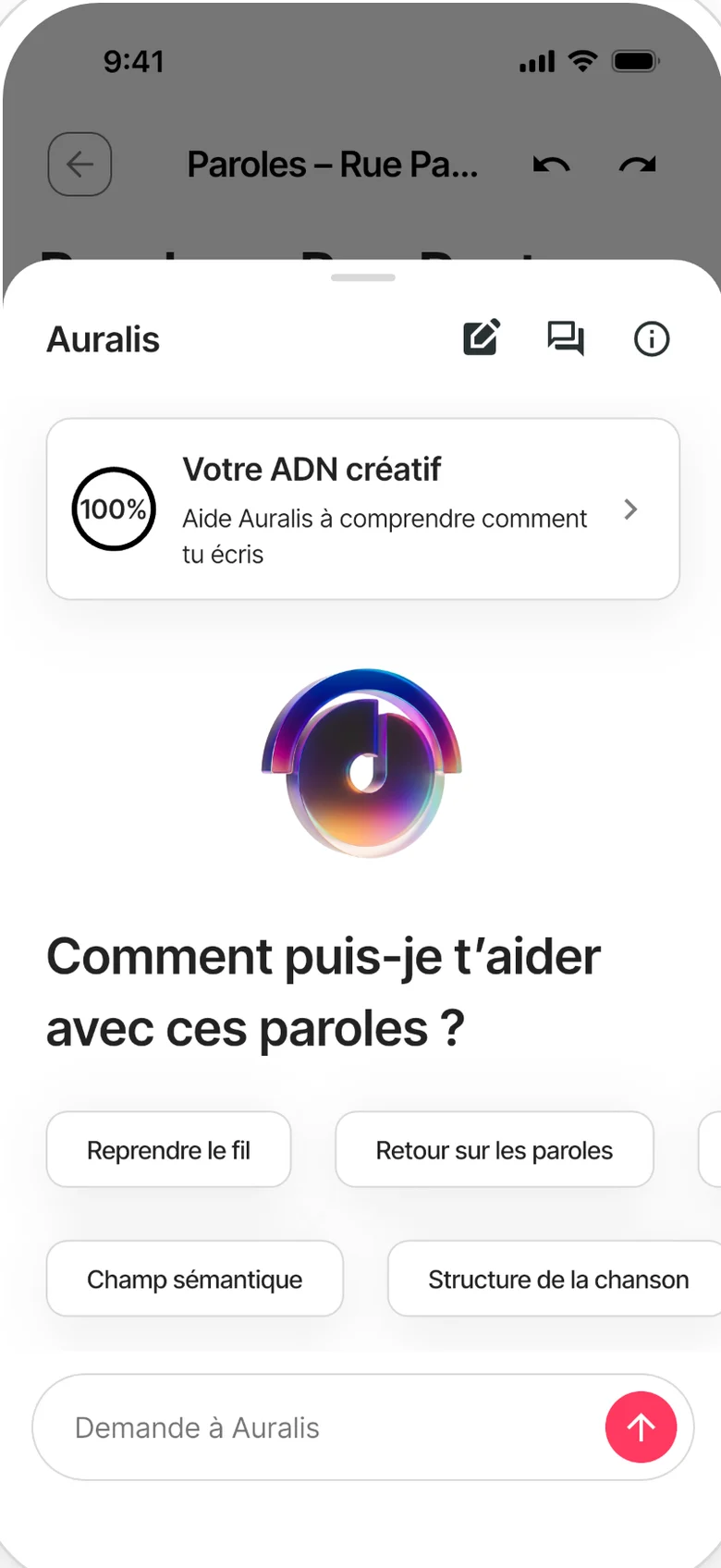 Auralis ouvert dans une note : l'ADN créatif et des suggestions pour commencer, comme reprendre le fil ou demander un avis sur les paroles.
