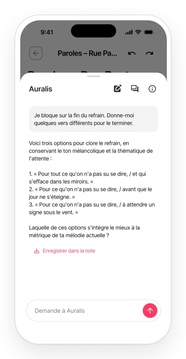 Une conversation avec Auralis dans l'app : une demande pour débloquer les paroles et des vers alternatifs en réponse.
