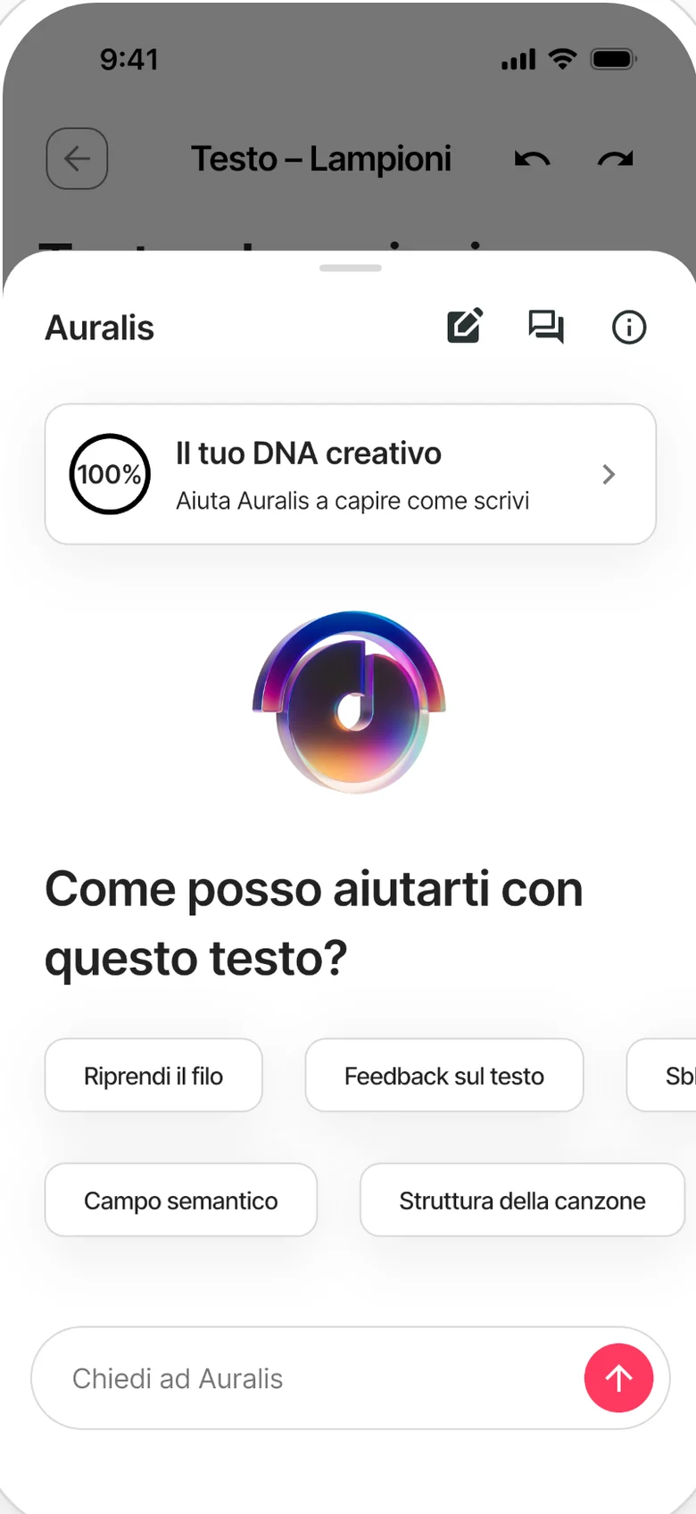 Auralis aperto in una nota: il DNA creativo e suggerimenti per iniziare, come riprendere il filo o chiedere un parere sul testo.