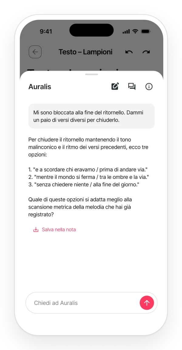 Una conversazione con Auralis nell'app: una richiesta per sbloccare il testo e versi alternativi come risposta.