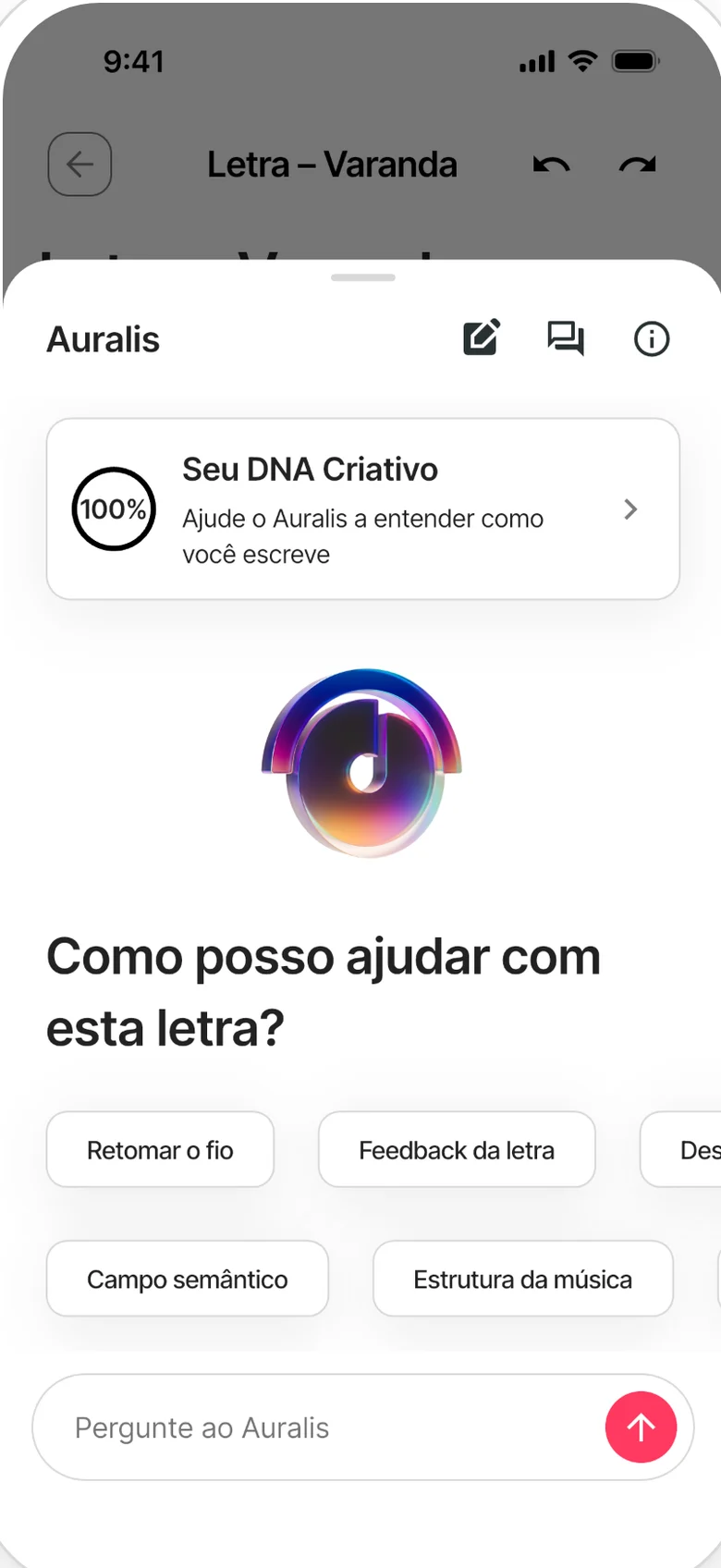 Auralis aberto em uma nota: o DNA criativo e sugestões para começar, como retomar o fio ou pedir feedback da letra.