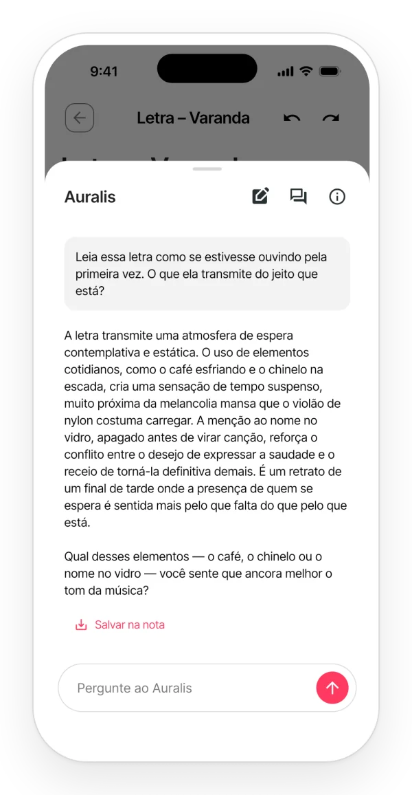 A resposta do Auralis quando você pede que ele leia a letra como se a ouvisse pela primeira vez: o que ela transmite, o tom e uma pergunta final.