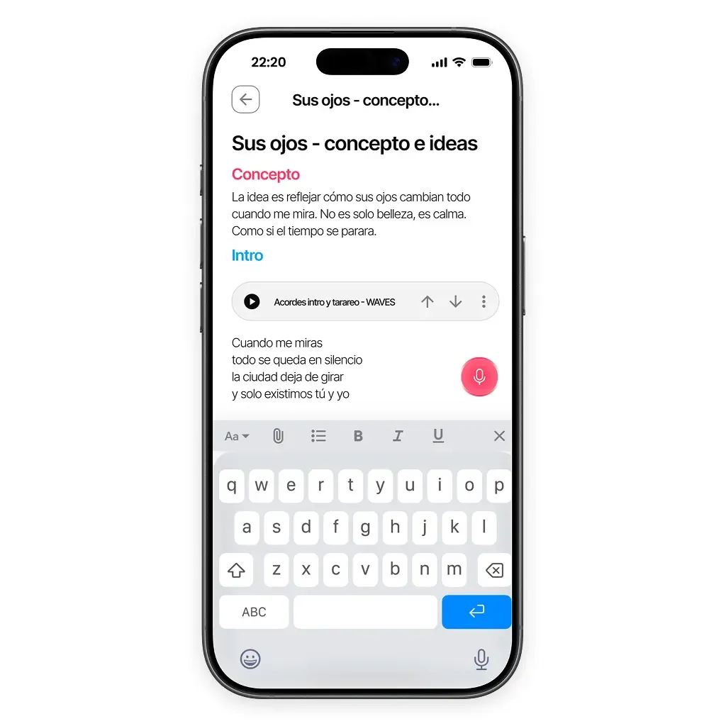 Pantalla d'app de notes i lletres amb gravadora