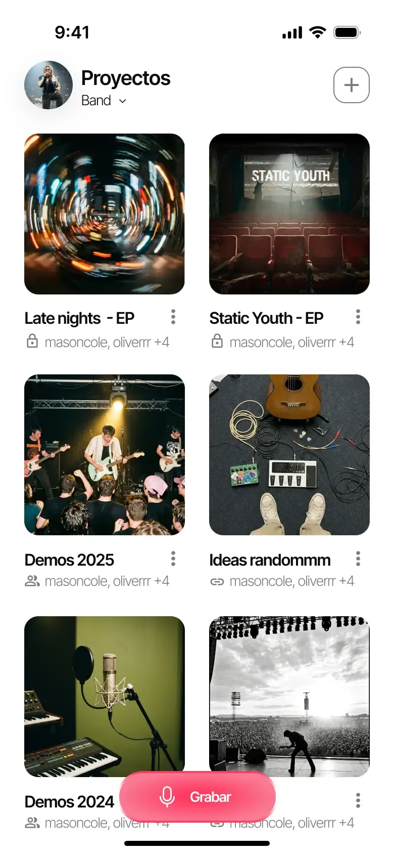 Écran principal de Zoundroom avec des projets musicaux organisés
