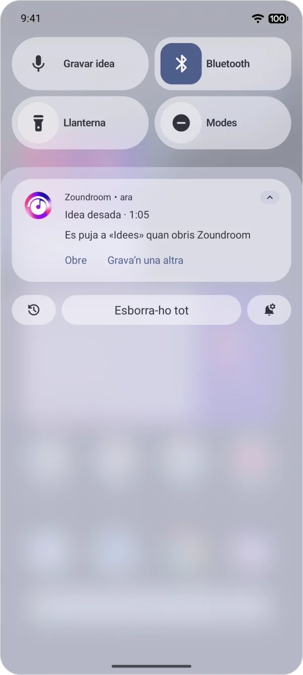 Notificació de Zoundroom a Android en aturar una gravació: la idea desada, la seva durada i els botons per obrir-la o gravar-ne una altra.