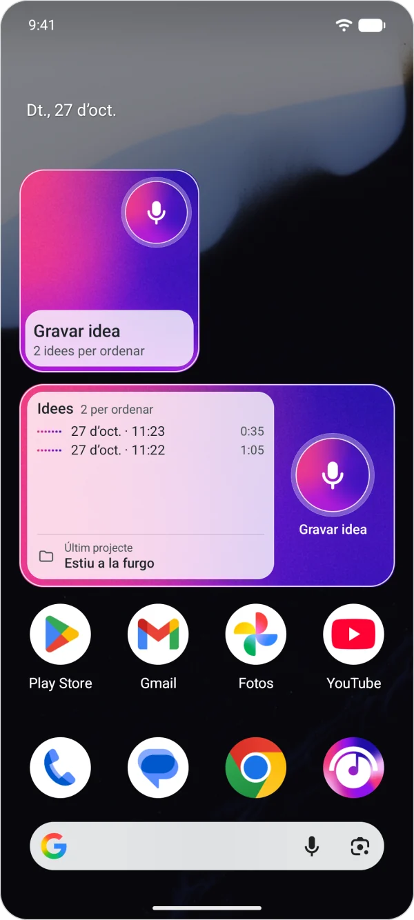 Pantalla d’inici d’Android amb els ginys de Zoundroom, Gravar idea i Idees, per gravar una idea amb un toc i veure les últimes idees per ordenar, al costat de la icona de l’app.