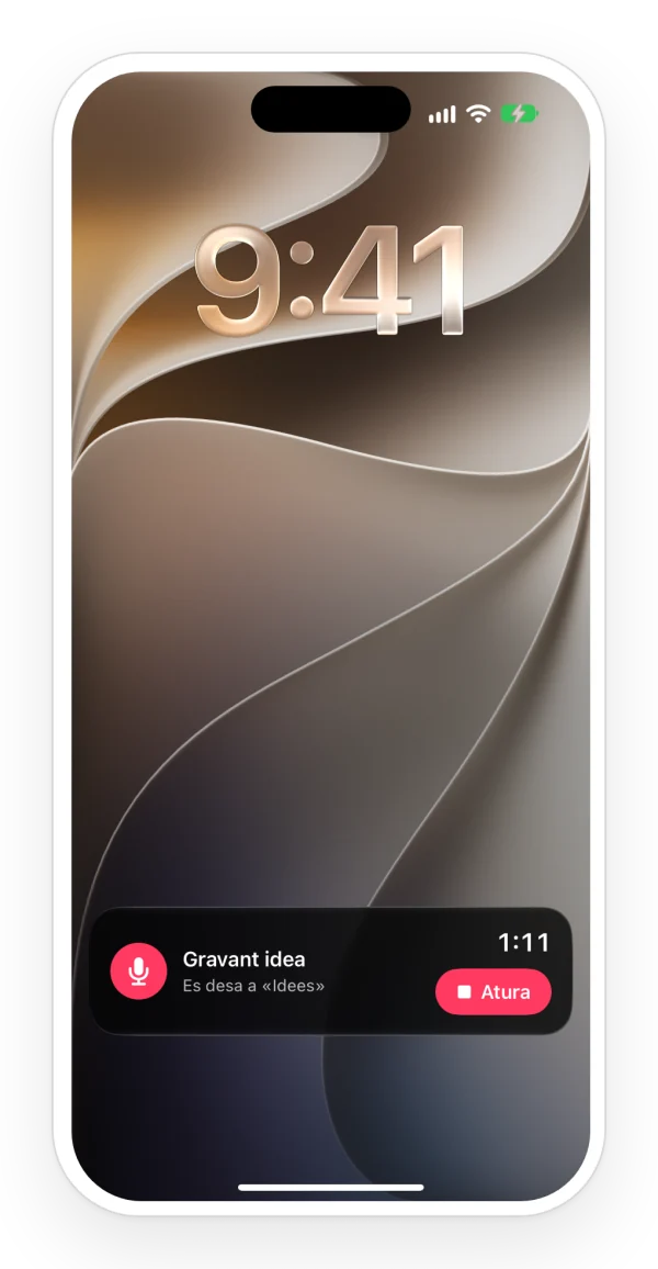 Pantalla de bloqueig de l’iPhone amb l’activitat en directe de Zoundroom gravant una idea, amb el temps i el botó Atura.