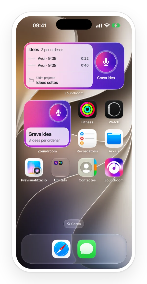 Pantalla d’inici de l’iPhone amb els ginys de Zoundroom, petit i mitjà, per gravar una idea amb un toc i veure les últimes idees, al costat de la icona de l’app.