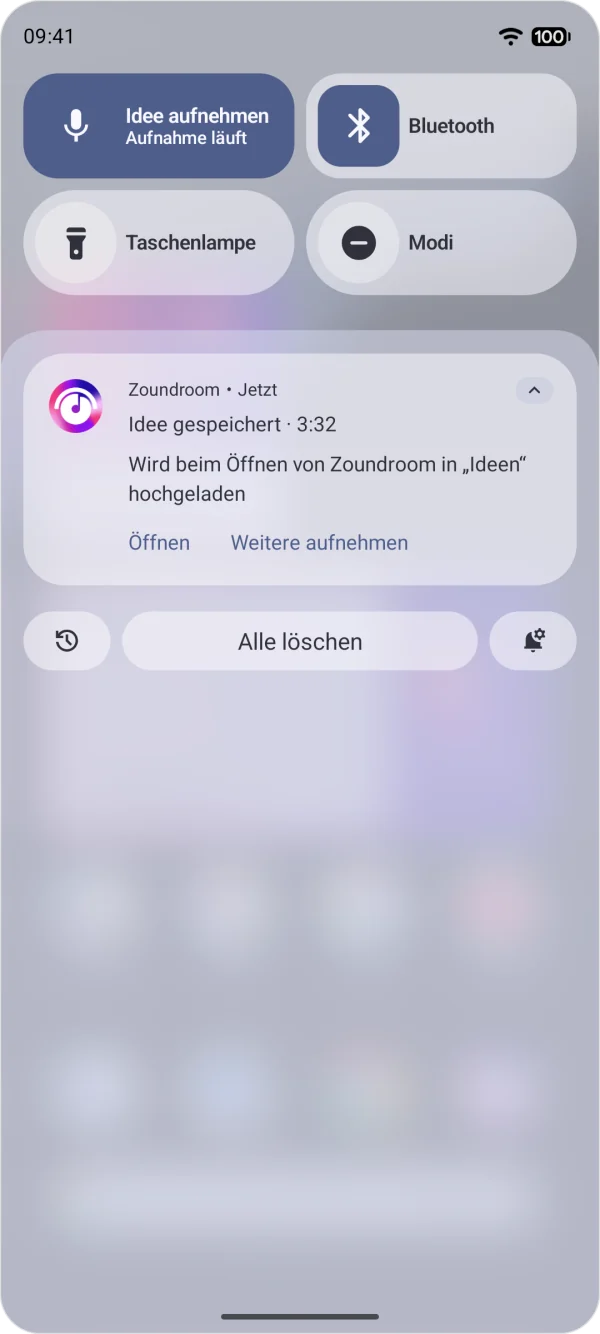 Zoundroom-Benachrichtigung auf Android nach dem Stoppen einer Aufnahme: die gespeicherte Idee, ihre Länge und Knöpfe, um sie zu öffnen oder eine weitere aufzunehmen.