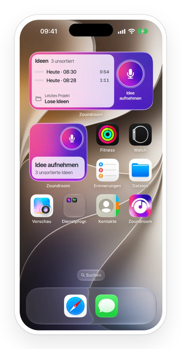 Startbildschirm des iPhone mit den Zoundroom-Widgets, klein und mittel, um mit einem Tippen eine Idee aufzunehmen und die letzten Ideen zu sehen, neben dem App-Symbol.