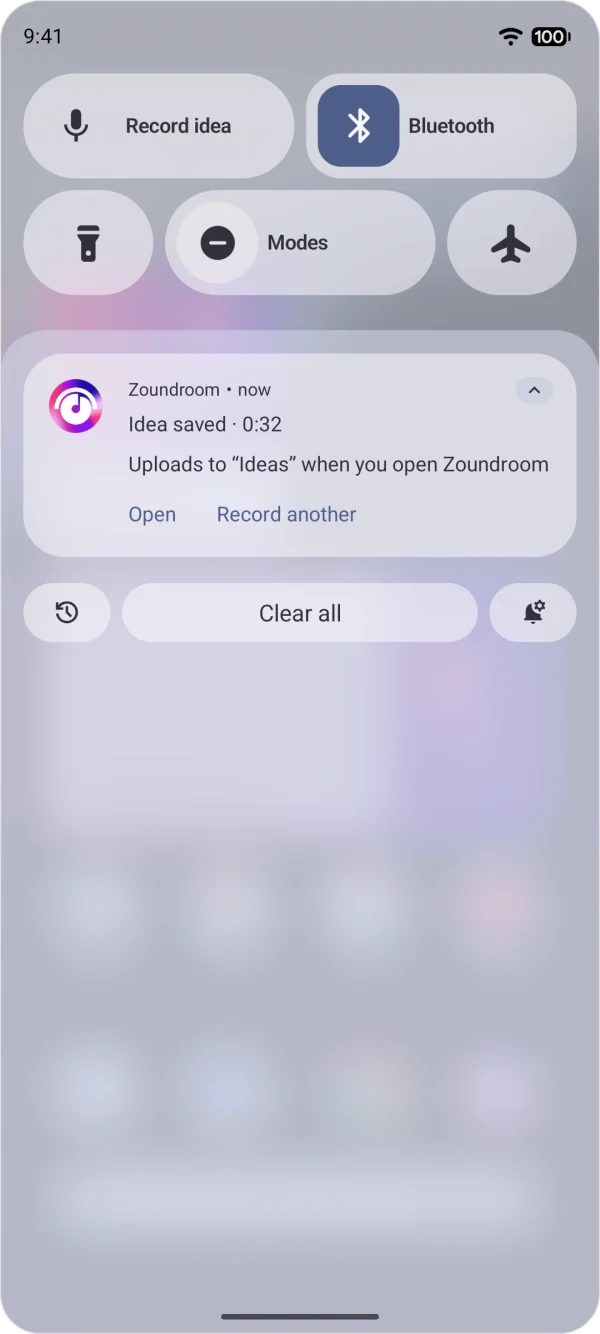 Zoundroom’s notification on Android after stopping a recording: the saved idea, its length and buttons to open it or record another.