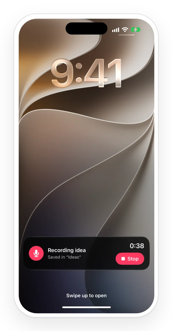 The iPhone lock screen with Zoundroom’s Live Activity recording an idea, with its timer and a Stop button.