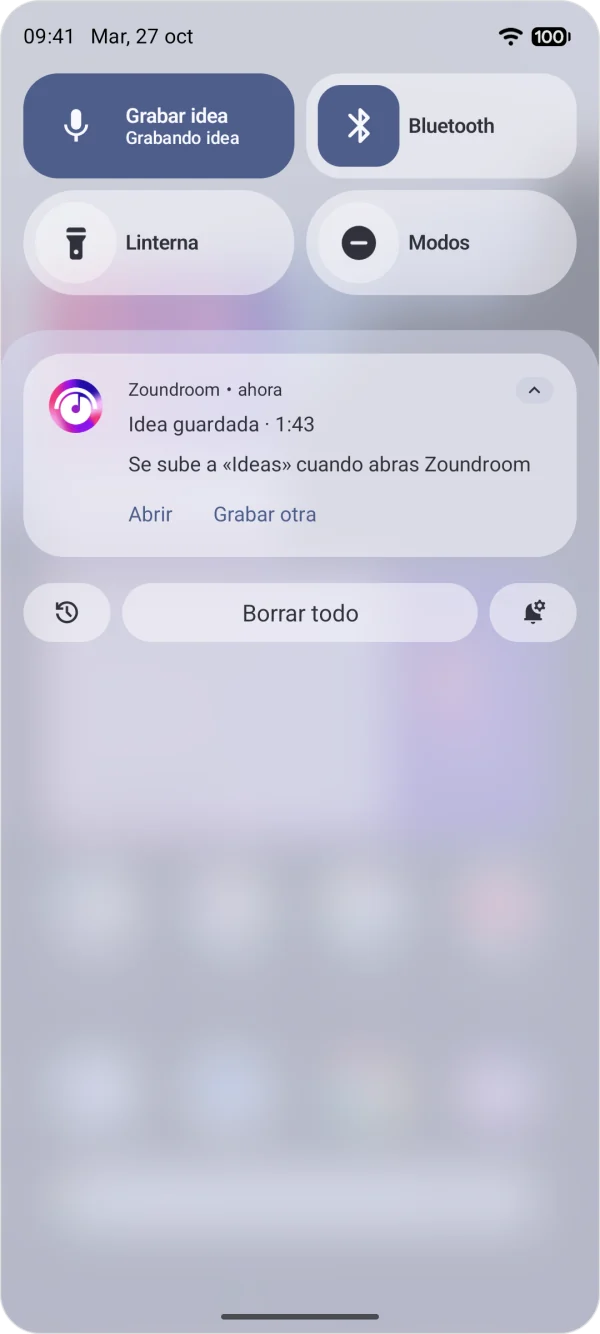 Notificación de Zoundroom en Android al parar una grabación: la idea guardada, su duración y los botones para abrirla o grabar otra.