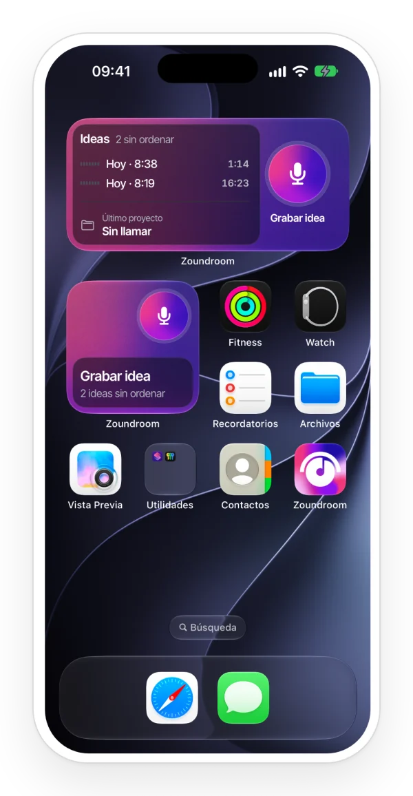 Los widgets de Zoundroom en la pantalla de inicio del iPhone en modo oscuro.