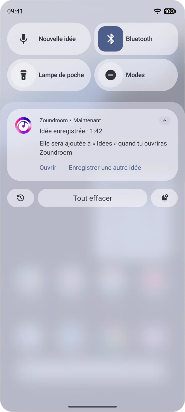 Notification de Zoundroom sur Android à l'arrêt d'un enregistrement : l'idée enregistrée, sa durée et les boutons pour l'ouvrir ou en enregistrer une autre.