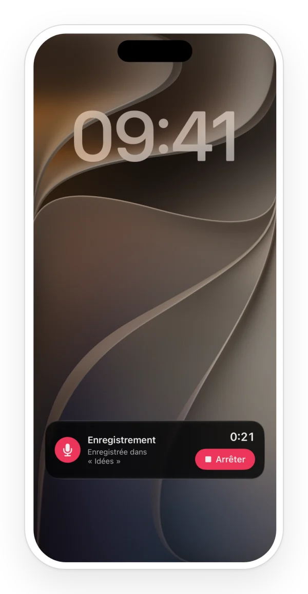 L'écran verrouillé de l'iPhone avec l'activité en direct de Zoundroom pendant l'enregistrement d'une idée, avec la durée et le bouton Arrêter.