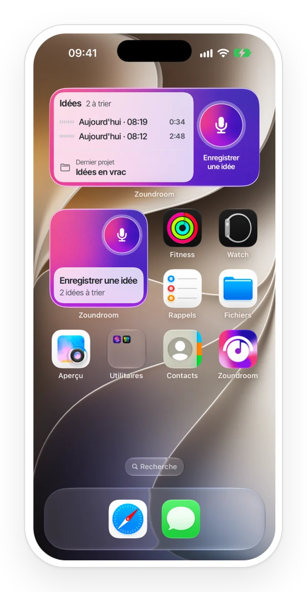 L'écran d'accueil de l'iPhone avec les widgets Zoundroom, petit et moyen, pour enregistrer une idée d'une touche et voir les dernières idées, à côté de l'icône de l'app.