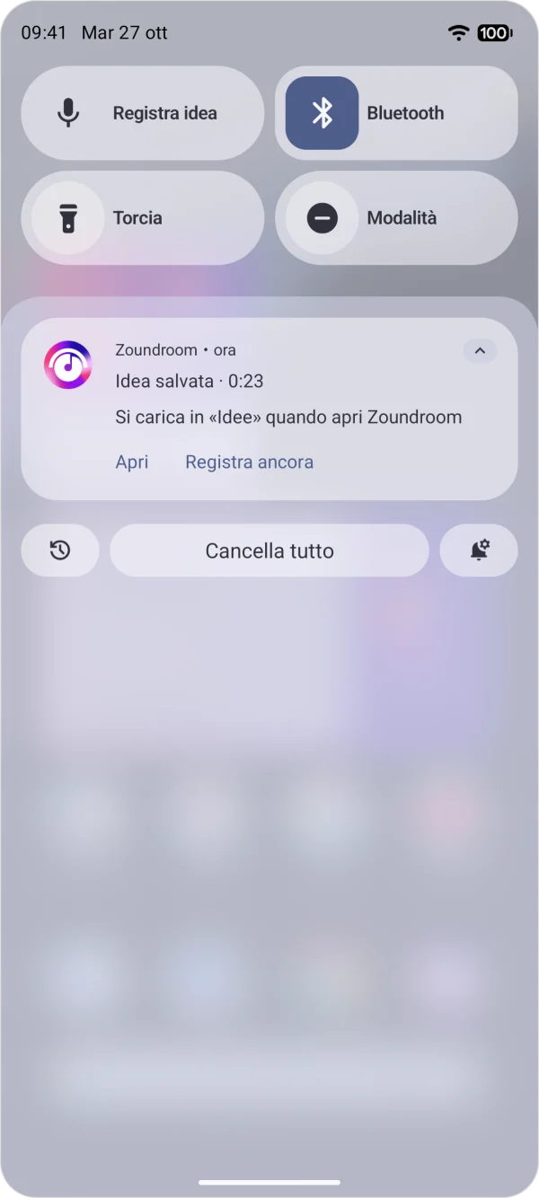 Notifica di Zoundroom su Android quando fermi una registrazione: l’idea salvata, la sua durata e i pulsanti per aprirla o registrarne un’altra.