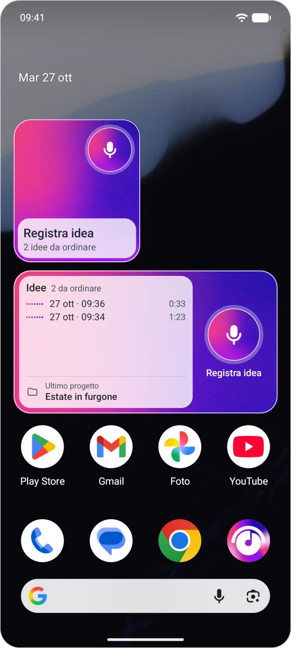 Schermata Home di Android con i widget di Zoundroom per registrare un’idea con un tocco e vedere le ultime idee da ordinare, accanto all’icona dell’app.