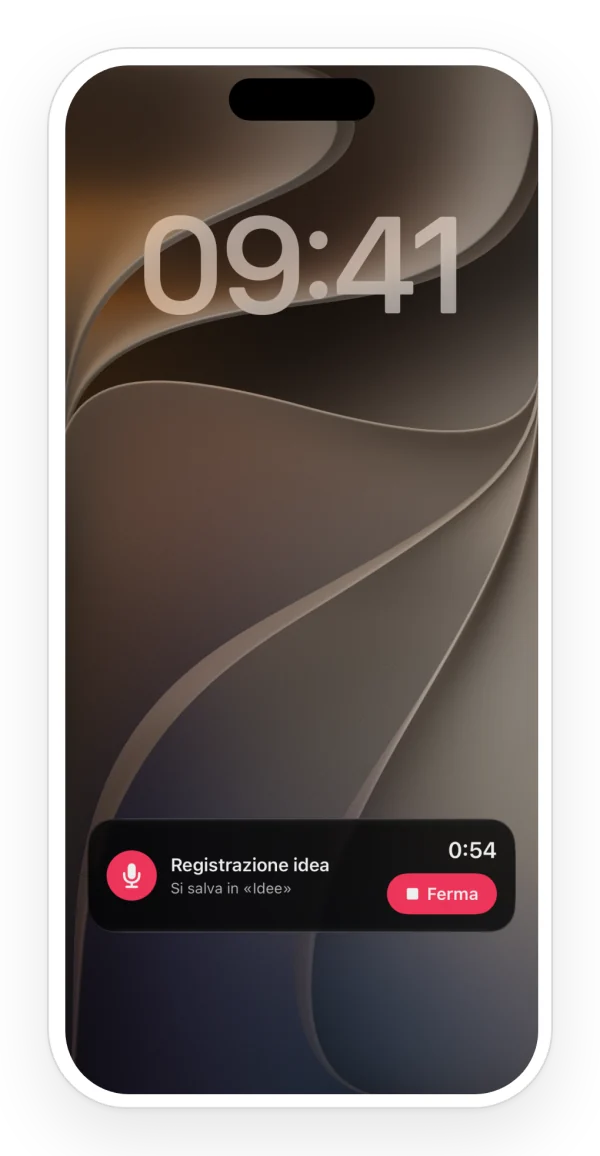 Schermata di blocco dell’iPhone con l’Attività in tempo reale di Zoundroom che registra un’idea, con il tempo e il pulsante Ferma.