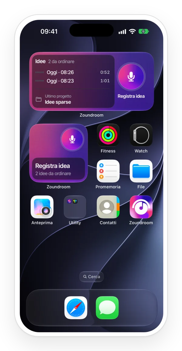 Schermata Home dell’iPhone con i widget di Zoundroom, piccolo e medio, per registrare un’idea con un tocco e vedere le ultime idee, accanto all’icona dell’app, in modalità scura.
