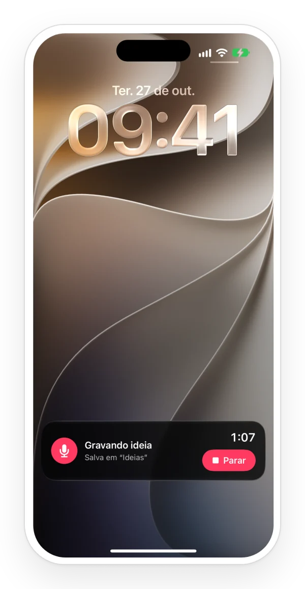 Tela de bloqueio do iPhone com a Atividade ao Vivo do Zoundroom gravando uma ideia, com o tempo e o botão Parar.
